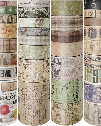 Bomichi 32 Rolls Vintage Washi Tape, Aesthetic Colored Decorative Cute Scrapbook Tape for Scrapbooking Supplies Journaling Craft Junk Journal
