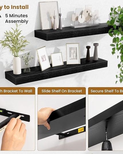 Fun Memories Floating Shelves 30 Inch, Wall Mounted Wood Shelf Set of 2, Farmhouse Decor for Bathroom, Bedroom, Kitchen, Living Room, Black
