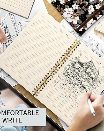 Spiral Journal Notebook, A5 Cute Notebooks for Women Men, College Ruled Hardcover Notebook for Work & Note Taking, 60 Pages Double-Wire Journals for Writing (Black Gold Flower)