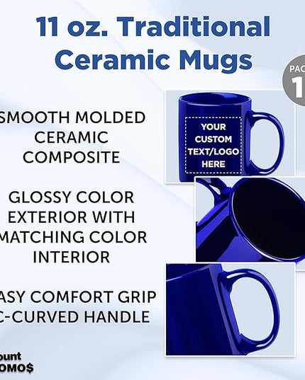 Custom Ceramic Coffee Mugs 11 oz. Set of 10, Personalized Bulk Pack - Coffee cup set, Iced coffee cup, Gaming mug - Royal Blue
