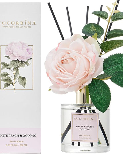 Cocorrína Flower Reed Diffuser - White Peach& Oolong 6.7oz Scented Diffuser with Sticks Home Fragrance Essential Oil for Bathroom Shelf Decor (Artificial Flower)