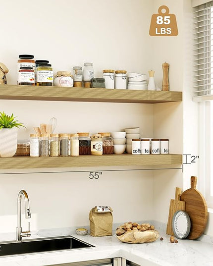 12" Deep Bathroom Floating Shelves for Wall Shelf Over Toilet Wall Mounted Farmhouse Long 55 inches Set of 1, Farmhouse Shelves with Invisible Brackets for Living Room, Kitchen, Bedroom,Oak