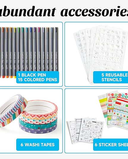 feela Dotted Journal Kit, Dot Grid Journal Hardcover Planner Notebook Set For Beginners Women Girls Note Taking with Journaling Supplies Stencils Stickers Pens Accessories, A5, 224 Pages, Gray