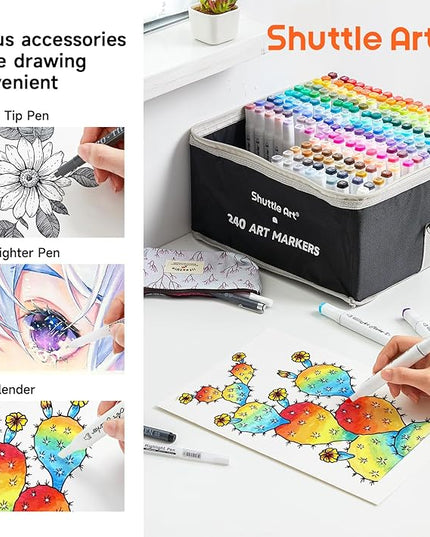 Shuttle Art 240 Colors Alcohol Markers, 239 Colors Dual Tip Art Marker Set Plus Colorless Blender, Micro-tip Pens, White Highlighter Pens, Marker Bag with Holders Perfect for Students Adults Coloring