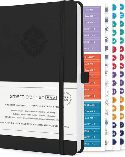 Smart Planner Pro – Undated Daily Planner – Small A5 – Achieve Goals & Increase Productivity – Weekly, Monthly, Work Sections, Organizer Diary with Back Pocket, 3 Satin Bookmarks & Pen Holder