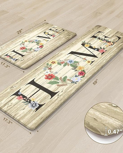 KIMODE Kitchen Floor Mats Cushioned Anti Fatigue,Farmhouse Floral Rugs Sets of 2,Memory Foam Carpet Non Slip,Long Sink Runner for Bathroom Laundry Office,Beige 17"x59"+17"x29"