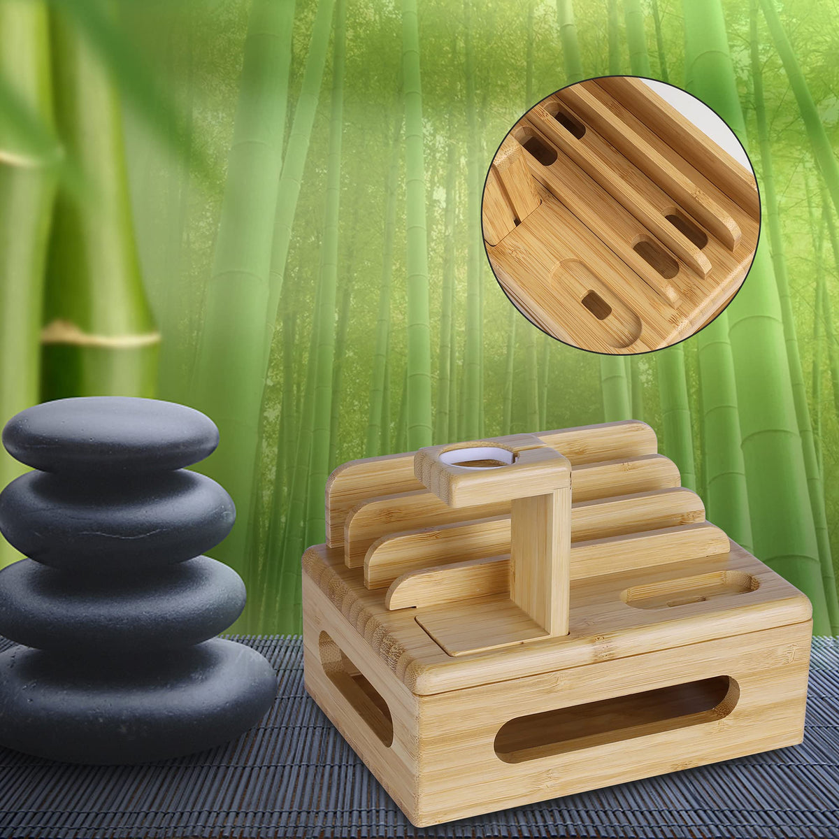 MOZOWO Bamboo Wood Desktop Organizer Charging Docking Station Charger Holder Cradle Stand Compatible with iPhone 12 11 Pro Max XS XR X 8 7 Plus iPad Apple Watch 2 3 4 iWatch AirPodsAirPods Pro