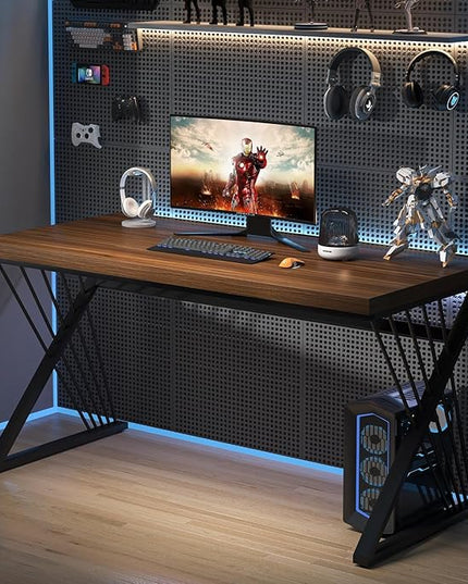 FOLUBAN Computer Desk for Home Office Workstation, Modern Writing Study Work Table, PC Gaming Table for Bedroom Living Room, Rustic Walnut, 53 Inch
