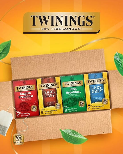 Twinings Variety Pack Black Tea Bags, 20 Count (Pack of 4), Includes English Breakfast, Earl Grey, Irish Breakfast, and Lady Grey, Caffeinated, Enjoy Hot or Iced, 80 Teabags