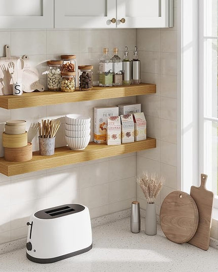 Fun Memories Floating Shelves for Room Wall, 36 Inch Long Shelf Set of 2， Hanging Wood Shelves for Storage & Display, Oak