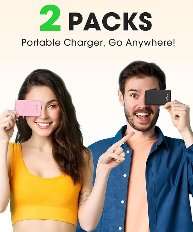 TG90° 2 Pack 5000mAh Portable Charger,Mini Power Bank Built-in Foldable AC Plug and Cables,Pocket Size USB C External Battery Pack Compatible with iPhone 17 16 15 14 Samsung Google iPad,Black & Pink