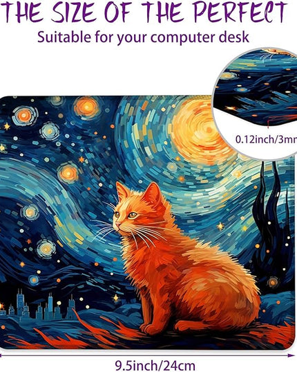 Cat Under The Night Sky Mouse Pad Square Mouse Pads with Stitched Edge, Computer Mousepad with Non-Slip Rubber Base for Computer Laptop Office Desk Accessories 9.5x8 Inches