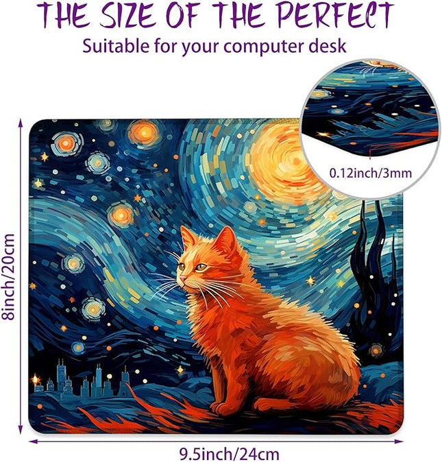 Cat Under The Night Sky Mouse Pad Square Mouse Pads with Stitched Edge, Computer Mousepad with Non-Slip Rubber Base for Computer Laptop Office Desk Accessories 9.5x8 Inches