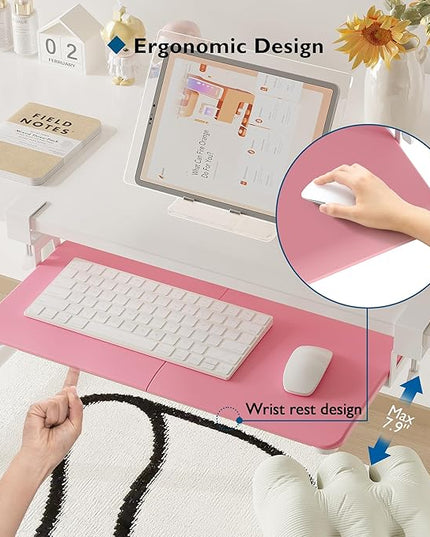 BONTEC KMT01 Under Desk Keyboard Tray, Pull-Out Keyboard & Mouse Platform with C-Clamp, 25.6 x 11.8 in Space-Saving Ergonomic Slide-Out Drawer, Pink