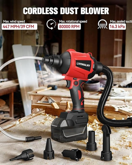 LIVOWALNY Cordless Air Pump Dust Blower Compatible with Milwaukee 18V Battery, Brushless Air Duster Compressed Air Mattress Pump w/ 3 Speeds & 7 Nozzles & 447 MPH/39 CFM for Workshop Cleaning