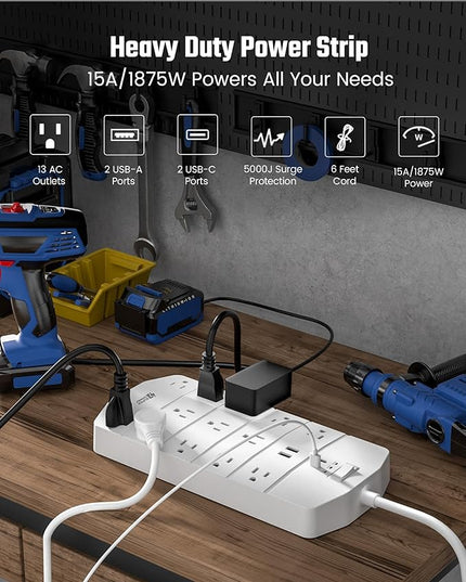 Power Strip,SUPERDANNY 5000 Joules Surge Protector with 13 AC Outlets 2 USB-A & 2 USB-C PD 20W Fast Charging Heavy Duty 14AWG/3C Industrial Grade 6ft Extension Cord for Workbench Home Office White