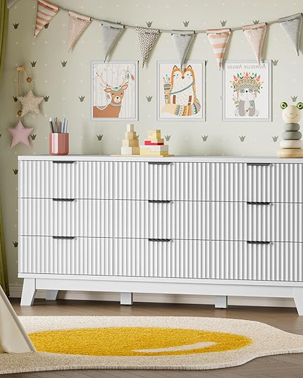 BORNOON 63" Long Dresser for Bedroom, 9-Drawer Fluted Dresser, Extra-Wide Wood Chest of Drawers with Smooth Metal Slides, Stable Base, Modern Clothes Storage Cabinet for Living Room, Hallway, Nursery