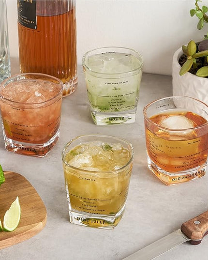 True Cocktail Rocks Glasses with Recipes for Old Fashioned, Mojito, Mint Julep & Caipirinha, Old Fashioned Glasses, Bar Glassware, 8.5 oz, Set of 4