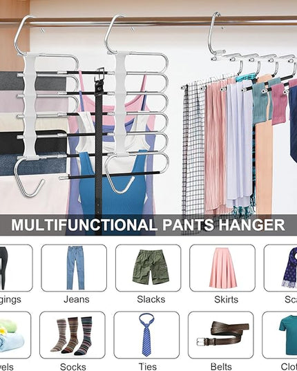 Upgrade 6 Layers Pants Hangers Space Saving, 2Pack Stainless Steel Multifunctional Rack Non Slip S-Type Clothes Jean Hanger Closet Organizer for Jeans Leggings Trousers Skirts Scarf, White