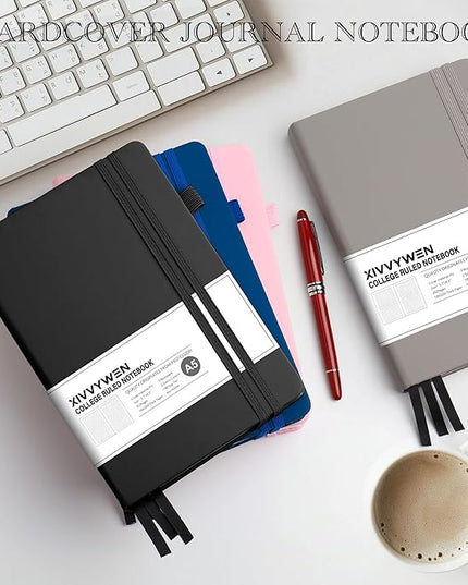 Lined Journal Notebook for Women Men, 352 Pages A5(5.7" x 8.3")College Ruled Hardcover Leather Journals for Writing, Daily Journal Notebooks for Work, Note Taking, Travel, School, Business (Black)