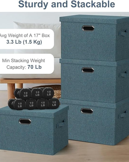Large 17" 36 Quart Collapsible Stackable Storage Bins with Lids, 3 Packs Blue-Green Linen Fabric Closet Boxes with Lids, Storage Cube Baskets Container Organizers for Bedroom (17x12x11)