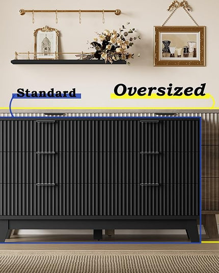 BORNOON 53" Long Dresser for Bedroom, 6-Drawer Dresser with Fluted Fronts, Wide Wood Chest of Drawers, Smooth Metal Slides, Stable Base, Modern Clothes Storage Cabinet for Living Room, Hallway