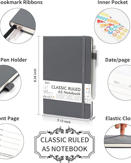 feela 18 Pack Journal Notebook for Work, Business Notebook Bulk Hardcover Lined Writing Journal with Pen Holder for Men Women Note Taking, with 18 Black Pens, 120 GSM, 5.1”x8.3”, A5, Gray