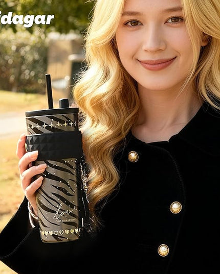 24 oz Stainless Steel Tumbler with Lid and Straw, Insulated Coffee Mug, Leak Proof, Portable Iced Travel Water Bottle, Reusable Thermal Coffee Cup Gift for Women, Black
