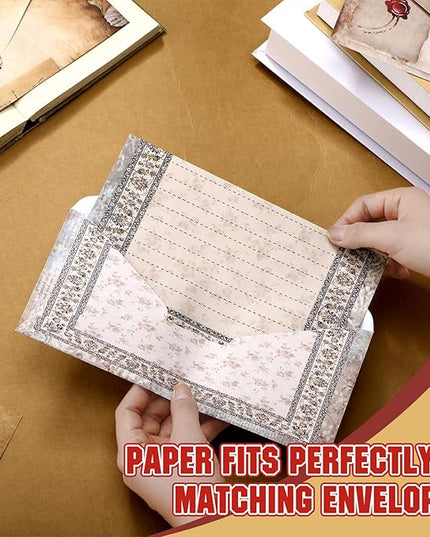 TaoBary 160 Pcs Stationery Paper Set 50 Double Sided Stationery Papers with 50 Matching Envelopes and 60 Round Dot Sticker, 10 Design(Lace Edged Scrapbook,8.5 x 11 Inch)