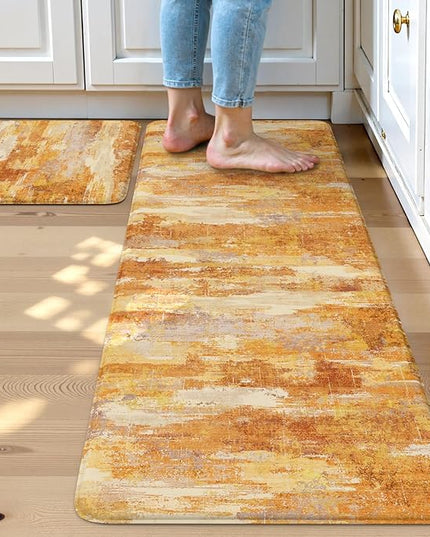 Collive Kitchen Mats for Floor 2PCS, Fall Abstract Cushioned Anti Fatigue Mat Non Slip Waterproof Kitchens Sink Rug, Orange Modern Comfort Standing Mat for Desk, Bar, Home Decor, 17"x47"+17"x29"