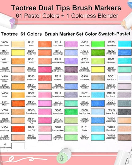 Taotree Alcohol Brush Markers Art Supplies, 61 Pastel Colors Dual Tip Art Coloring Markers Pens, Brush & Fine Tip Sketch, Drawing Supplies Gift for Artist Adult Coloring Book Painting, Sketching