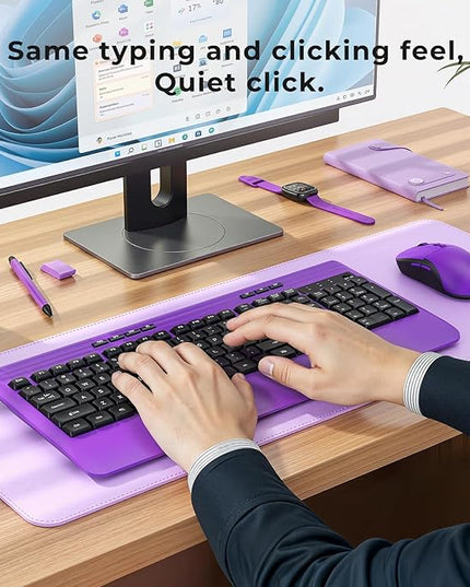Wireless Keyboard and Mouse Set with Quiet Keys, 2.4G Full Size Purple Keyboard and Mouse with Wrist Rest, Protective Covers, Soft Touch Silent Design for Windows, Computer, PC and Laptop