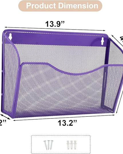 EASEPRES 3 Single Pocket Mesh Hanging File Organizer, Vertical Wall Mounted Magazine File Holder, Mount Basket Mail Paper Document Folder Organizing for Office, Home and School, Purple