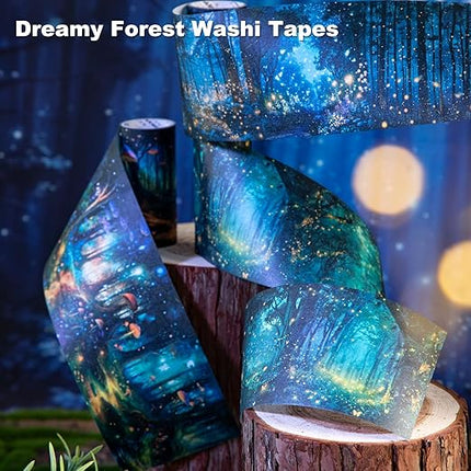 AuriicLeaf Night Forest Seamless Washi Tape Scrapbook Kit – 6 Rolls with Starry Sky, Fairy Woods & Twilight Designs for Journaling, DIY Crafts, Gift Wrapping, Card Making, Decoration, 3.15in Wide