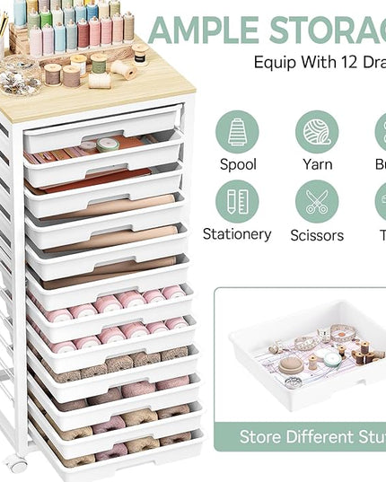 Rolling Cart with Drawers,12 Drawer Rolling Cart,Rolling storage cart with drawers,White Rolling Drawer Cart,Teacher Rolling Cart for Classroom Storage,Craft Cart with Wooden Tabletop