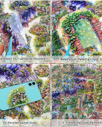 Dwpetzo Garden Flower Landscape Stickers for Journaling, 6 Themes Transparent PET Wildflower Brick Wall Fence Vines Stickers for Scrapbooking, Junk Journal Supplies, Collage, Planner, Mixed Media