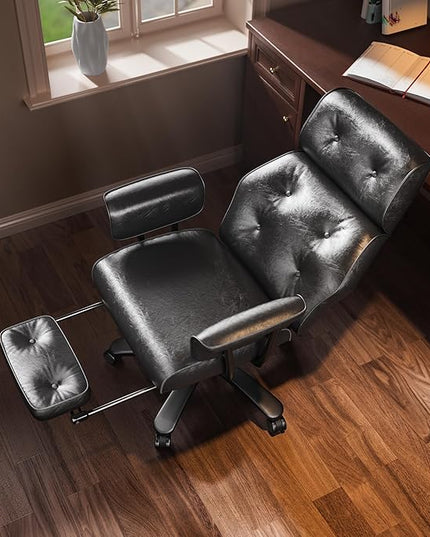Criss Cross Chair with Wheels and Arms, Reclining Office Chair with Footrest and Wide Seat, Leather Big and Tall Desk Chair 400LBS, Button Tufted Vintage Design, Black