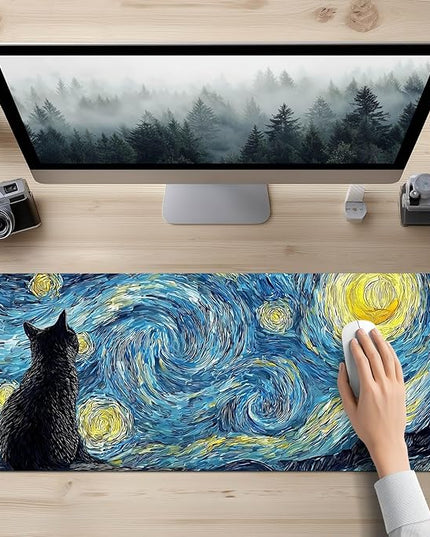 Black Cat XL Mouse Pad 31.5 x 11.8 Inch Gaming Mousepad Diatomite Large Keyboard Mouse Pad for Home and Office Desk Accessories with Night Sky Swirl Cat Silhouette Artwork