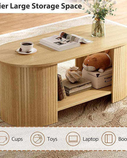 OneBlis Oval Fluted Coffee Table, 2-Tier Center Table with Large Storage, Mid-Century Modern Wood Coffees Table for Living Room, Home Office, Small Space, Oak