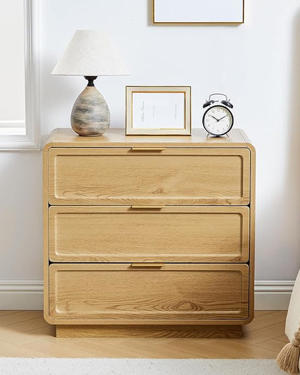 Turtle&Myrtle Modern 3 Drawer Dressers for Bedroom, 26'' Wide Wood Nightstand w/3 Storage Drawers, End Table, Dresser & Chest of Drawers with Curved Profile for Living Room Entryway, Natural