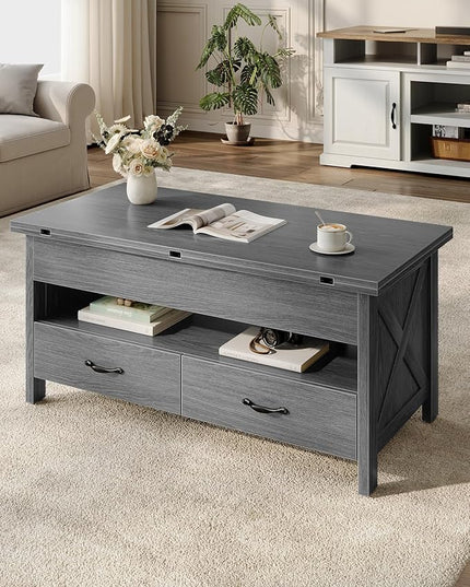 Marsail 40" Lift Top Coffee Table, 4 in 1 Coffee Table with Hidden Compartment, 1 Open Shelf and 2 Drawers, Multifunctional Farmhouse Center Table for Living Room and Home Office, Gray