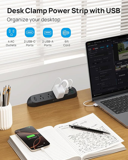 TROND Desk Clamp Power Strip USB C PD 20W- Surge Protector with 4 AC Outlets 4 USB Ports, Flat Plug 6ft Extension Cord, 1700J, ETL Listed, Fits 1.97 in Tabletop Edge, for Home Office Desk Accessories