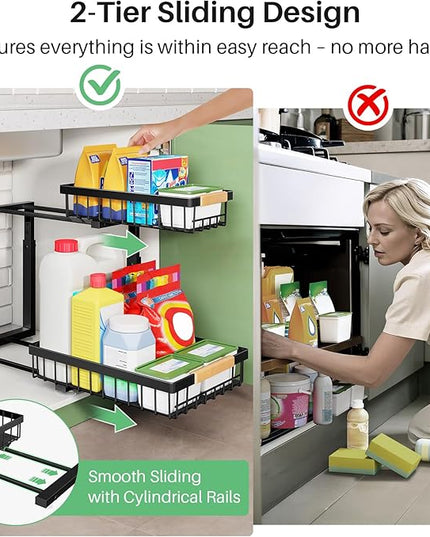 Under Sink Organizer, 2 Packs 2 Tier Under Sink Organizers and Storage, Slide out Pull out Cabinet Organizer Shelf, Metal Sliding Drawer for Kitchen Bathroom Pantry Cabinet Closet Organization Rack
