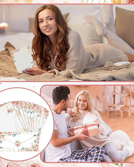 TaoBary 160 Pcs Stationery Paper Set 50 Double Sided Stationery Papers with 50 Matching Envelopes and 60 Round Dot Sticker, 10 Design(Floral,8.5 x 11 Inch)
