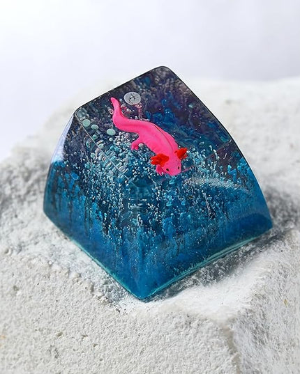 Pink Axolotl in Deep Blue Black Cute Artisan Keycap R1 SA Profile Custom Animal Keycaps 1U ESC Handmade Gaming Resin Key cap Cherry MX Switch Compatible Mechanical Keyboard Gift for Axolotl Lover
