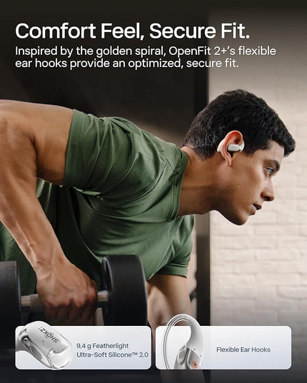 SHOKZ New OpenFit 2+ Open-Ear Headphones, Dolby Audio Enabled, Comfortable Earbuds with Soft Ear Hooks, 48H Playtime, IP55 Water-Resistant, USB-C Fast Charging, Wireless Charging, Carrying Bag, Grey