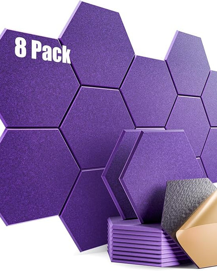 8 Pack Self-Adhesive Acoustic Panels 12" X 10" X 0.4" - Sound Proof Foam Panels for Wall with High Density, Hexagon Design, Flame Resistant, Absorb Noise and Eliminate Echoes(Purple)