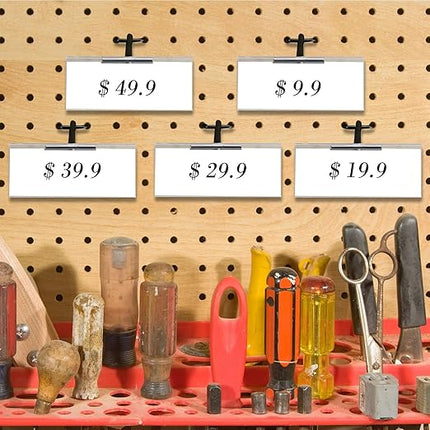 Tandefio 50 Pack 8 Inch Black Metal Peg Board Hooks with Clear Plastic Label Holder Stainless Steel Display Pegboard Hooks for 1/8'' to 1/4'' Pegboard Wall for Garage Storage Retail Shop Supplies