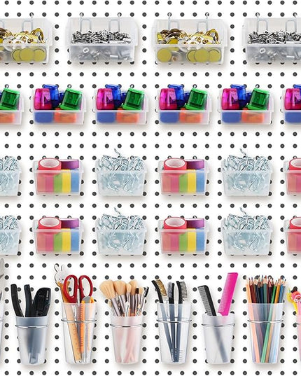 Roowest 60 Pcs Pegboard Cups Pegboard Bins Set, Wall Organizer with Hooks and Loops, Hooks Assortment Organizer Accessory for Office Storage Garage Craft Workshop(Clear)