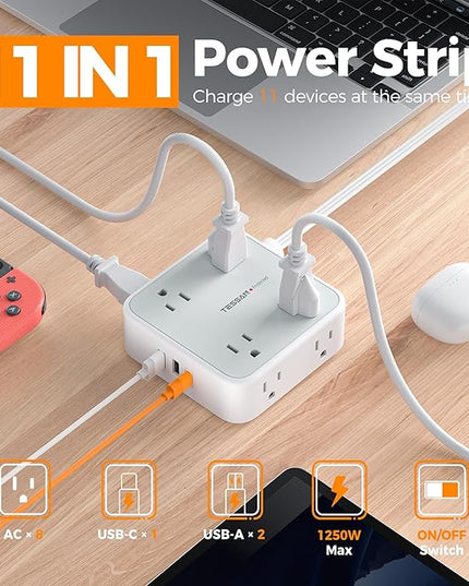 Surge Protector Power Strip, TESSAN 5 Ft Flat Plug Extension Cord with Multiple Outlets, 3 USB (1 USB C PD 20W), 8 Outlets, 900J Surge Protection, for Home, Office, Dorm Room Essentials, 1250W